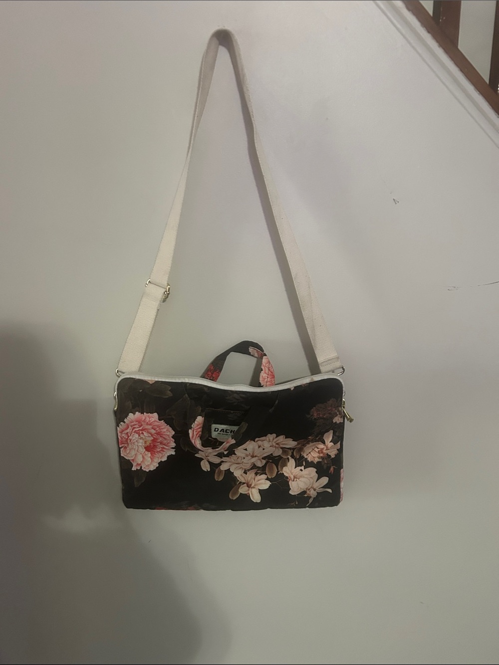 DAKINE Black Floral Laptop Shoulder Bag with Cream Strap